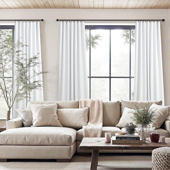 White Linen Blackout Curtains 108 Inches Long 2 Panel Burg for Sliding Glass Door Noise Reduction Thermal Summer Heat Blocking Floor to Ceiling Curtain for Bedroom Living Room Back Tab Pocket 9ft Tall