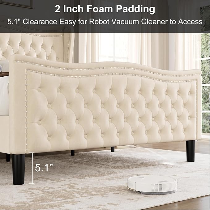 King Bed Frame with Tall Headboard & Footboard, Velvet Upholstered Platform Bed Frame with Deep Button Tufted Wingback, No Box Spring Needed, Noise Free, Beige