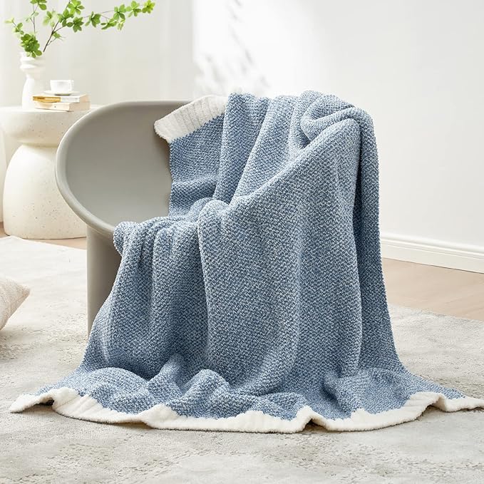Snuggle Sac Blue Throw Blankets for Couch, Reversible Super Soft Warm Blankets Cozy Knit Blanket Fuzzy Plush Throws for Sofa, Bed, Gift, Heather Blue, 50 x 60 inches