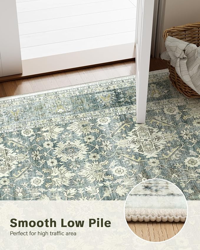 HOMFINE Machine Washable Rug 8'x10' - Vintage Design Area Rugs with Non Slip Rugs for Living Room Bedroom Floral Print Rug Carpet Stain Resistant, Home Decor Office Area Rug, Green