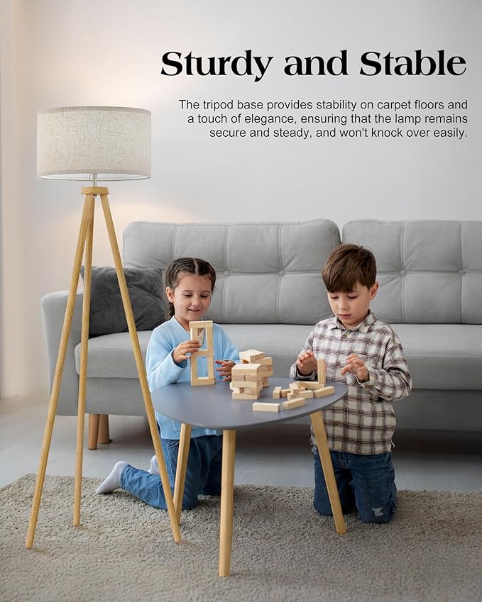 ELYONA Wood Tripod Floor Lamp for Living Room, Nordic Standing lamp with 3 Color Temperatures LED Bulb Included & Beige Linen Shade, Footswitch, Tall lamp for Bedroom, Office, Study Room, Natural Wood
