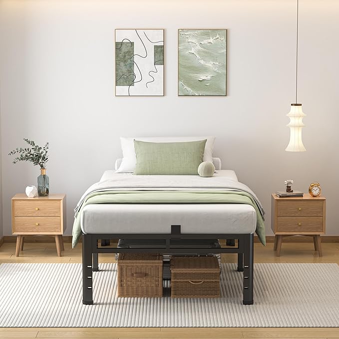 NKZ Twin Size Bed Frame 20 Inch, Metal Bed Frame & Box Spring 2 in 1 Platform with Round Corner Legs, 4000lbs Weight Capacity Reinforced Metal Frame, Headboard Hole, Noise-Free, Easy Assembly