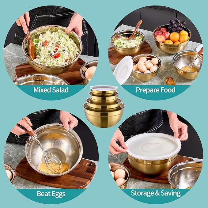 MEADLY Gold Mixing Salad Bowls With Lids Set of 4, Stainless Steel Nesting Bowl with white Lid,Dishwasher Safe,Home kitchen Mixing Prepping Storing Serving,size of 5.5,3.6,2.1,1.5,Qt