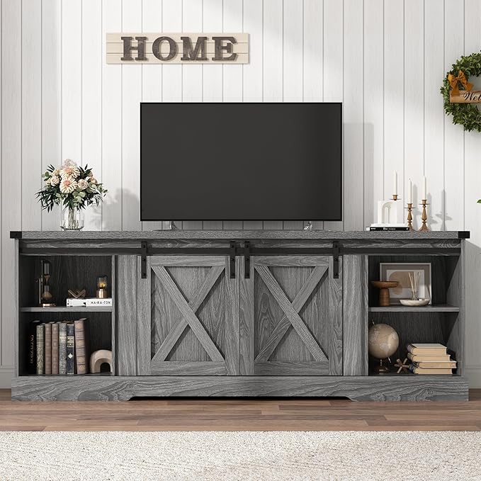 Farmhouse TV Stand for 70/75/80 Inch TV, Entertainment Center Storage Cabinets with Sliding Barn Doors, Media Console Cabinet for Living Room, Grey
