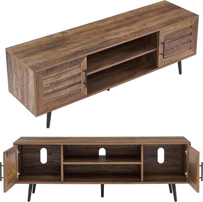 Mid Century Wooden TV Stand Entertainment Console with Open Shelving and 2 Cabinets for Televisions up to 65 Inches(Rustic Oak)