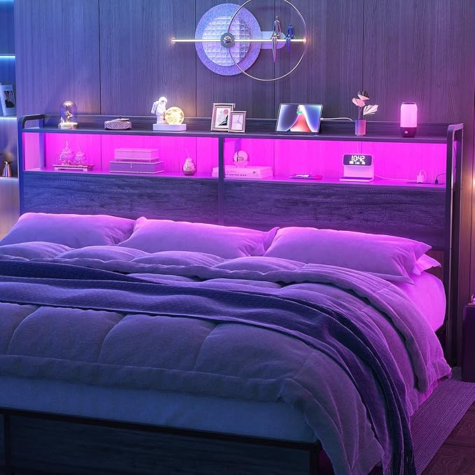 Aheaplus Headboard for King Size Bed Frame, Headboards with Outlets, USB Ports and LED Light, Head Board with Storage, Height Adjustable, Sturdy and Stable Headboard, King Size, Black Oak