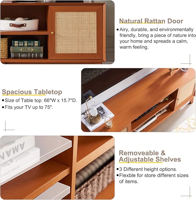 OKD TV Stand for 75+ Inch TV, Mid Century Modern Entertainment Center with Natural Rattan Door, Storage Shelves, Large Boho Media TV Console, Long Television Stand for Living Room, Cherry