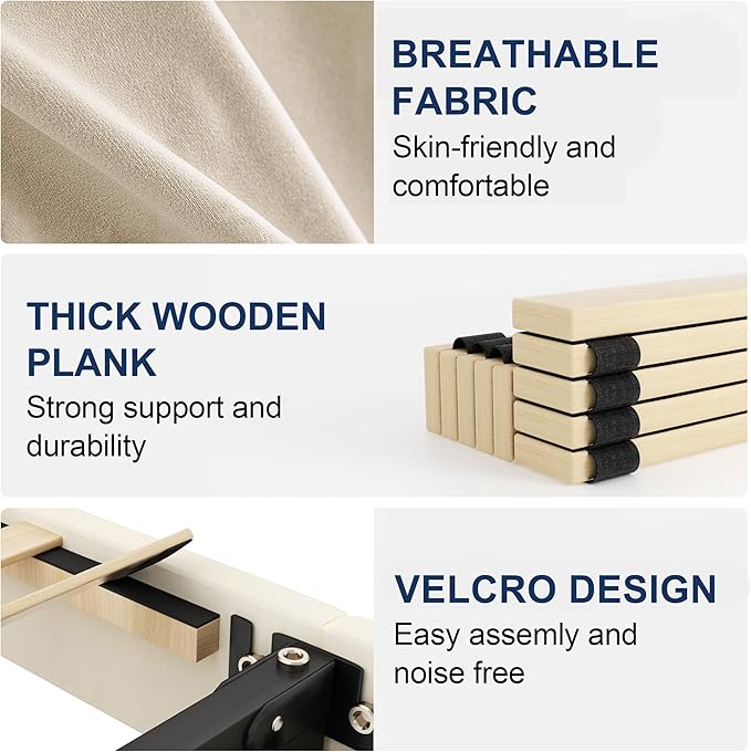 Full Bed Frame with Headboard and Wingback, Velvet Upholstered Platform Bed, Mattress Foundation with Wooden Slat Support, No Box Spring Needed, Easy Assembly, Noise Free, Beige