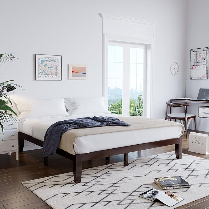 Giantex 14 Inch King Wood Platform Bed Frame, Minimalist Style Mattress Foundation with Solid Rubber Wood, Heavy Duty Slat Support, Without Headboard, Easy Assembly, No Box Spring Needed, Espresso