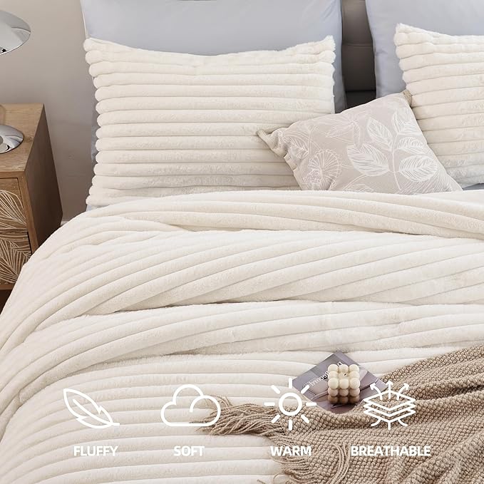 Smoofy Fluffy King Size Comforter Set 3 Pieces - Cream White Fleece Fluffy Comforter Set, Luxury Fuzzy King Bedding Set, Soft King Bed Set All Season, Heavy Faux Fur Comforter with 2 Pillow Cases