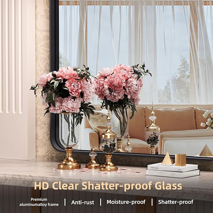 Hasipu Black Bathroom Mirror 59x39 Inch Rounded Rectangle Vanity Mirror Metal Framed Wall Mirrors Anti-Rust Surface Mount (Horizontal/Vertical)