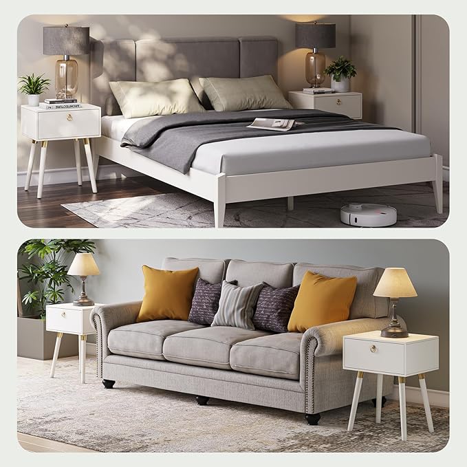 Bme Alden Wood Nightstand, Solid Wood End Table, Mid Century Modern Nightstand, Side Table with 1 Drawer, Compact for Bedroom, Living Room & Study Room, Easy Assembly, Ivory White