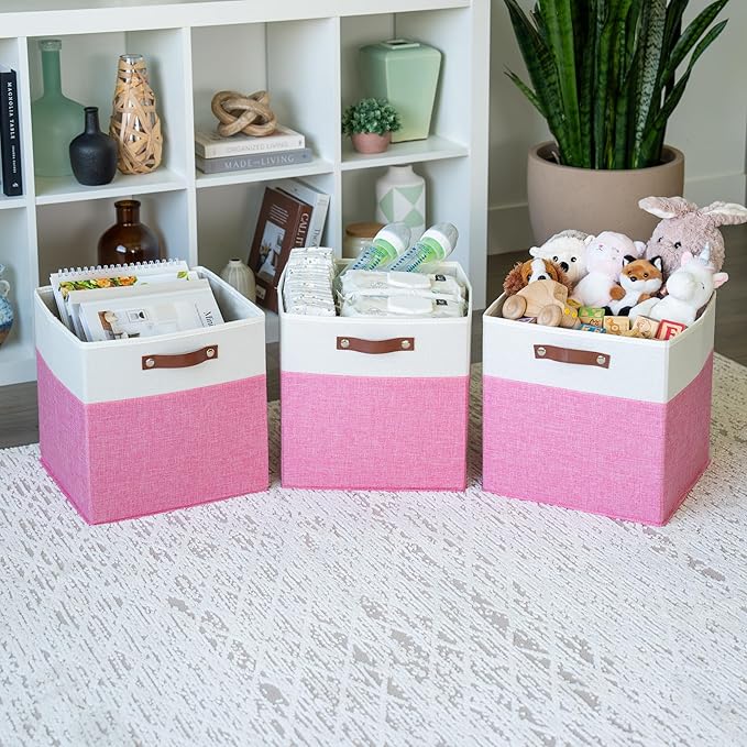 OrganiHaus 13x13 Cube Fabric Storage Bins Set of 4, Fabric Storage Cubes w/ Vegan Handles, 13 inch Collapsible Bins for Clothes & Toy Organizer, Cubbies Organizer, 13x13 Basket for Decor - Pink/White