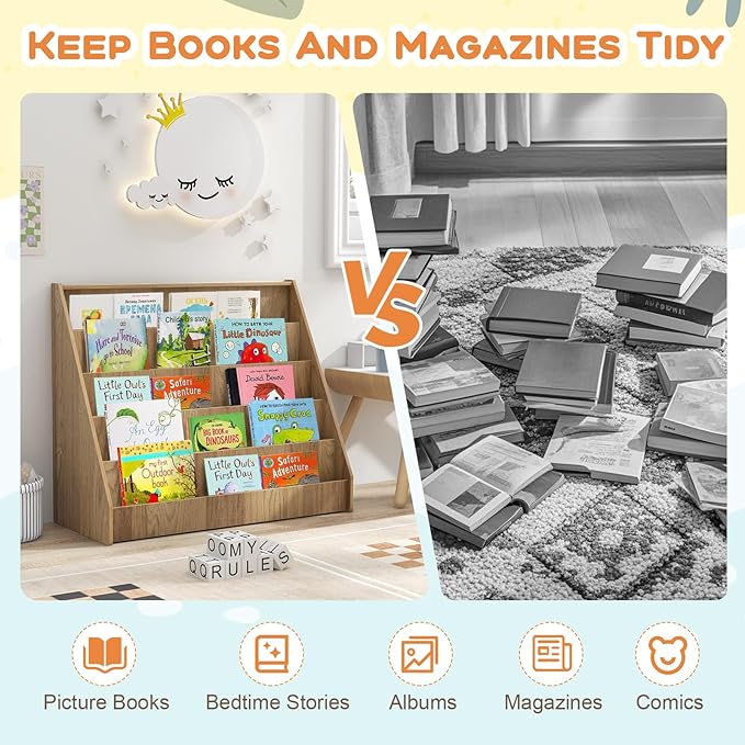 Costzon 5-Tier Kids Bookshelf, Wooden Children Bookcase, Toddler Book Rack, Magazine Storage & Display Shelf, Book Shelf for Kids Room, Living Room, Nursery, Classroom (Natural)