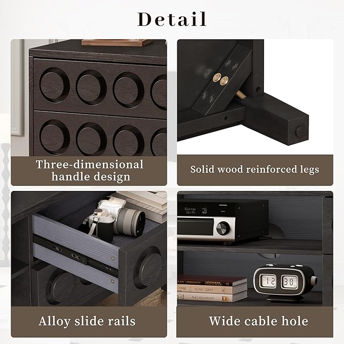 70" Modern TV Stand, Entertainment Center for Tvs up to 75", Unique Circular Design, TV Media Console with 4 Drawer & Open Storage for Living Room (Black)