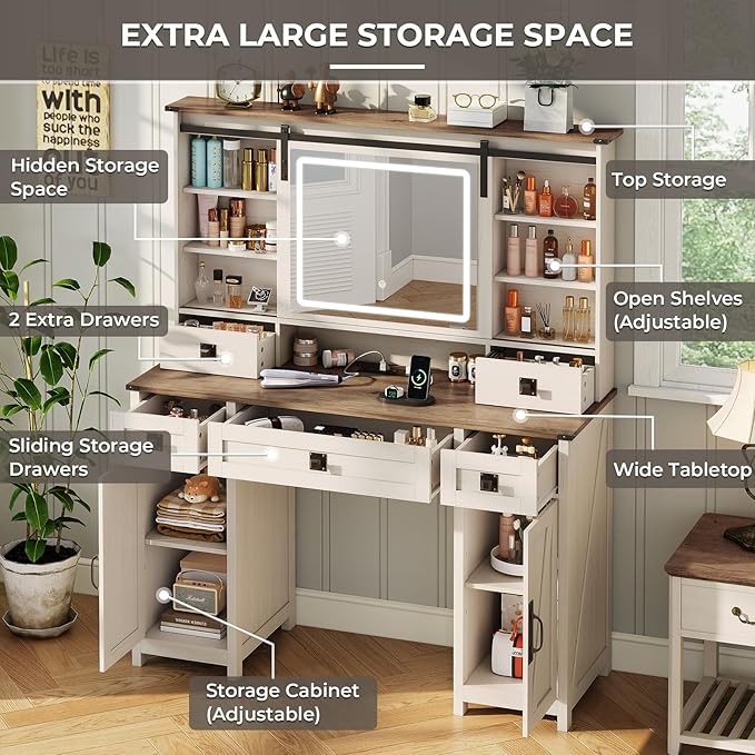 Farmhouse Makeup Vanity Desk with Sliding Mirror and Lights, 47.2" Big Vanity Table with Charging Station, Makeup Desk with 5 Drawers & 2 Cabinets, White