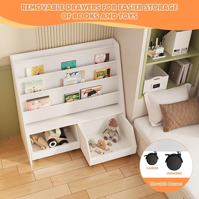 NACHES Kids Bookshelf,Toddler Bookcase Toy Bin with 2 Drawers 3 Sling Pockets –Children Bookshelf with Storage for Bedroom,Nursery or Playroom FSC Wood,Trapezoid 35" W, White (2 Movable Drawer)