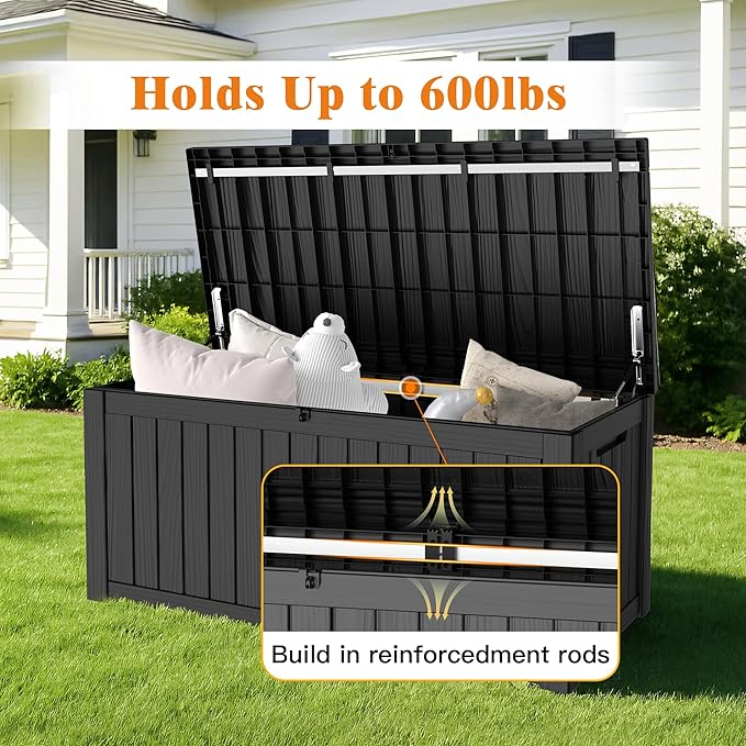 119 Gallon Outdoor Storage Box, Waterproof Deck Box with Handles and Lockable Lid, Resin Patio Storage Box with Hydraulic Rods for Garden Tools, Cushions, Black