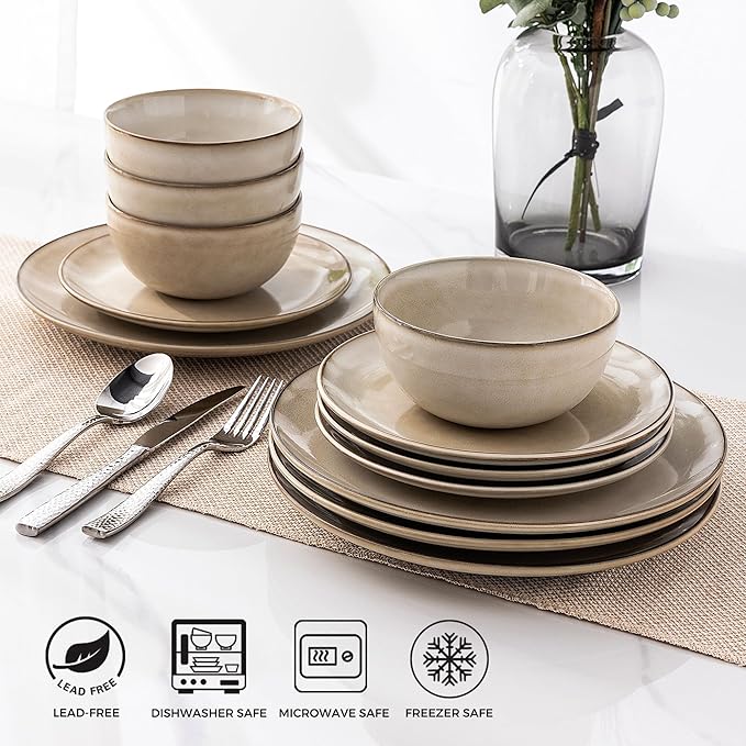 AmorArc Stoneware Dinnerware Sets for 8, 24 Pieces Handpainted Ceramic Plates and Bowls Set, Scratch Resistant Dishes Set, Dishwasher & Microwave Safe, Cappuccino