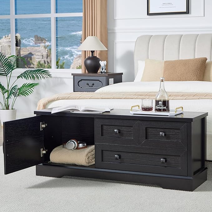 LIDYUK 3 Drawer Black Dresser for Bedroom Farmhouse Dresser Chest of Drawers, 48" End of Bed Storage Bench Wide Chest of Drawers for Bedroom, Living Room