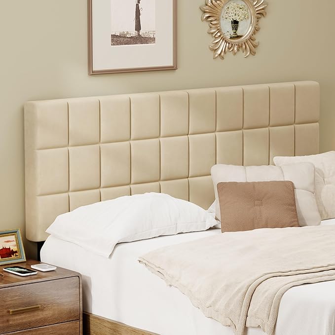 Andeworld Velvet Upholstered Tufted King Size Headboard,Wood Head Board with Metal Legs, Adjustable Height from 42” to 56”, Bed Headboard in Modern Design,Backboard for Bed, Apricot