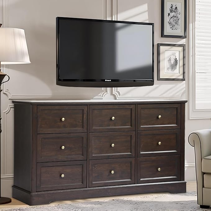 Farmhouse Dresser 9 Drawer, Bedroom Chest of Drawers, Dressers with 9 Drawers, Wooden Dressers for Bedroom, Living Room, Tv Stand, Entryway (Brown-9 Drawers)