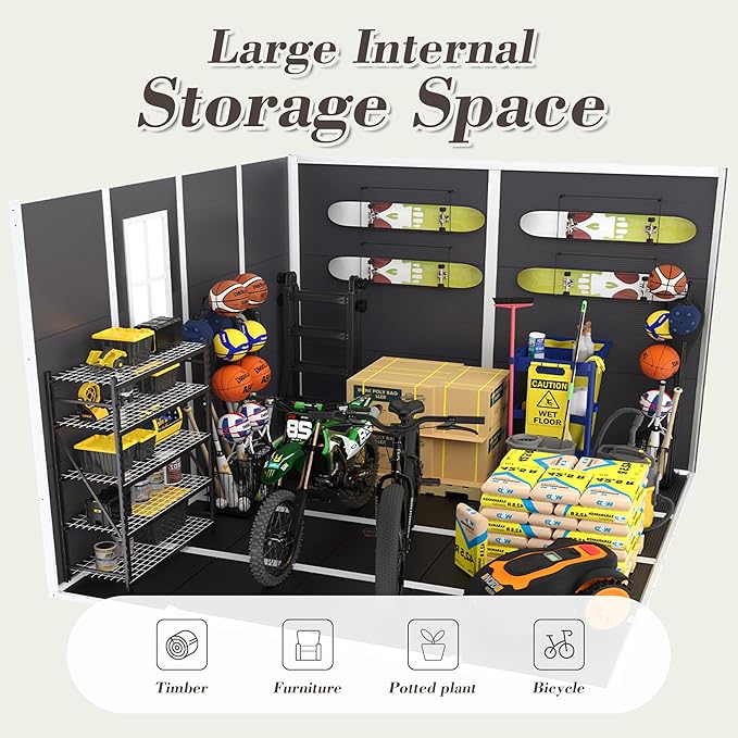 8x8 FT Outdoor Storage Resin Shed with Floor, Waterproof Plastic Garden Tool Shed with Windows, Vents & Lockable Door and Sloped Roof, Easy to Assemble Bike Shed for Patio, Backyard, Lawn, Black