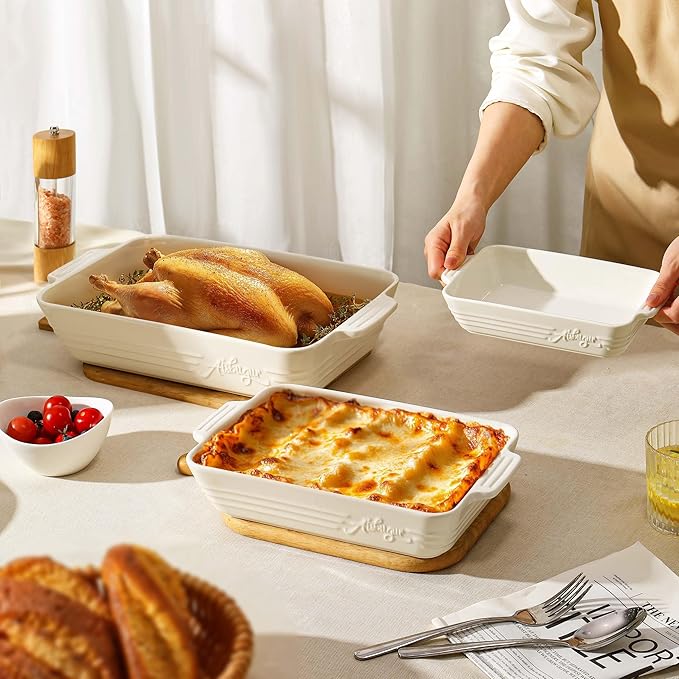 Ceramic Baking Dish Set, 3-Piece Casserole Dishes for Oven, Rectangular Baking Pans, Deep Lasagna Pans with Handles, Multi-Size Set for Cooking, Baking, Serving, and Gifting, White (16.1''/12.2''/9'')
