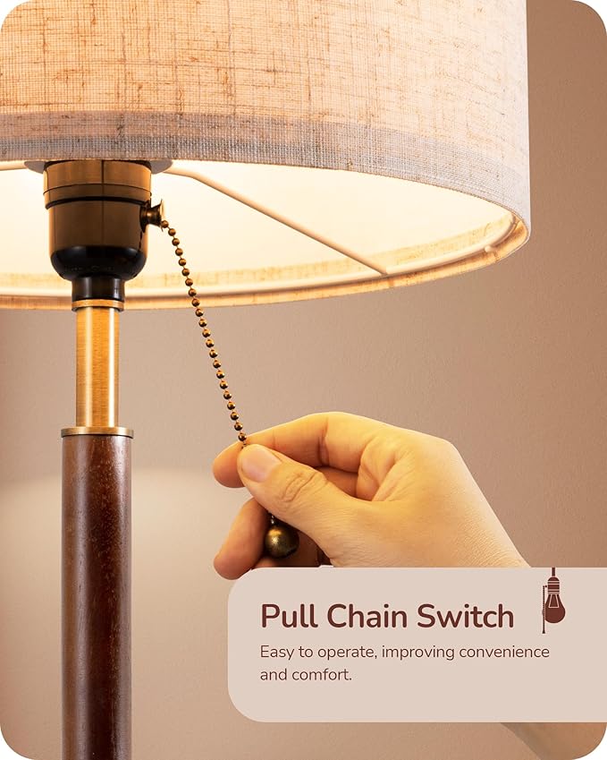 EDISHINE Mid Century Table Lamp Set of 2, Pull Chain Switch Bedside Lamp, Linen Shade, Solid Wood Pole & Bronze Brushed Metal Base, Modern Nightstand Lamp for Bedroom, Living Room, Office, E26 Base