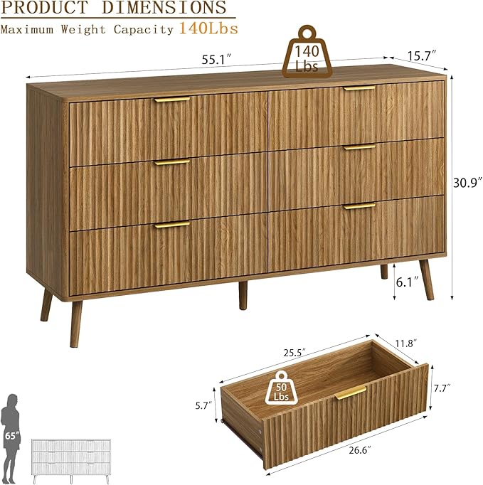 CARPETNAL Fluted 6 Double Drawers Dresser for Bedroom, 55”Wide Modern Chest of Drawers with Deep Drawers,Curved Profile Design, Wood Drawer Organizer for Bedroom Living Room, Hallway, Natural Oak