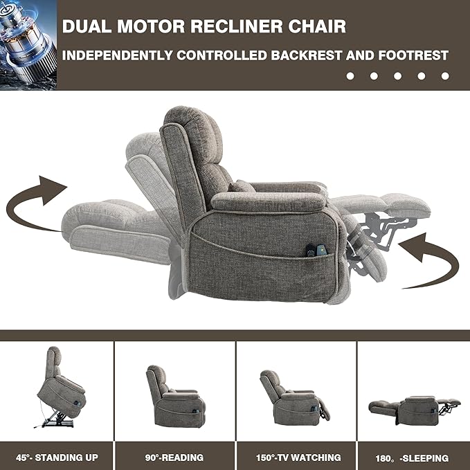 Lift Recliner Chairs for Elderly, Oversized Power Lift Chair with Heat and Massage, 180° Lay Flat Recliner with Extended Footrest, USB & Type-C Ports and Side Storage for Big Man 400lbs Sleeping
