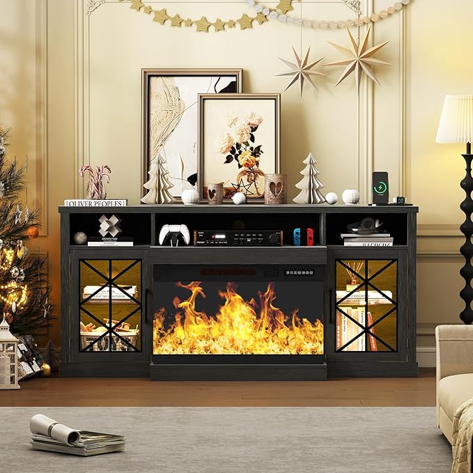 Ludatido 65 Inch FireplaceTV Stand with 3-Sided Glass Insert, Storage Cabinets & Drawers, Fits TVs up to 75", Remote & Touch Control, White Entertainment Center with USB&AC Power Interface, Black