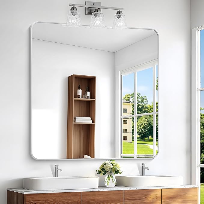 BONEWEI Silver Bathroom Mirror,48x48 inch Wall Mirror for Bathroom Wall Mounted,Rectangle Mirror for Bathroom Over Sink,Modern Frame Round Corner for Living Room,Bedroom Entryway,Horizontal/Vertical