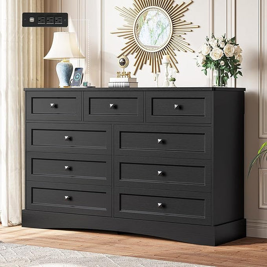 Hasuit Black Dresser for Bedroom with 9 Drawers, 51.2" Large Drawer Dresser with Charging Station, Wide Farmhouse Dresser Chest of Drawers, Wooden Storage Tower Organizer, Dresser for Bedroom Closet