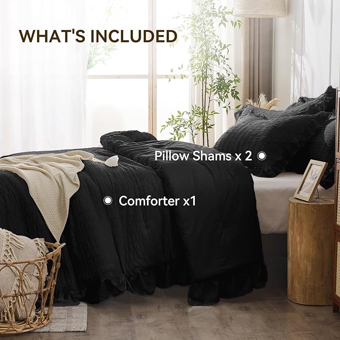 JOLLYVOGUE Black King Comforter Set, 3 Pieces Seersucker Comforters King Size, Lightweight & Fluffy Bedding Sets King for All Season with 1 Ruffle Comforter and 2 Ruffle Pillowshams