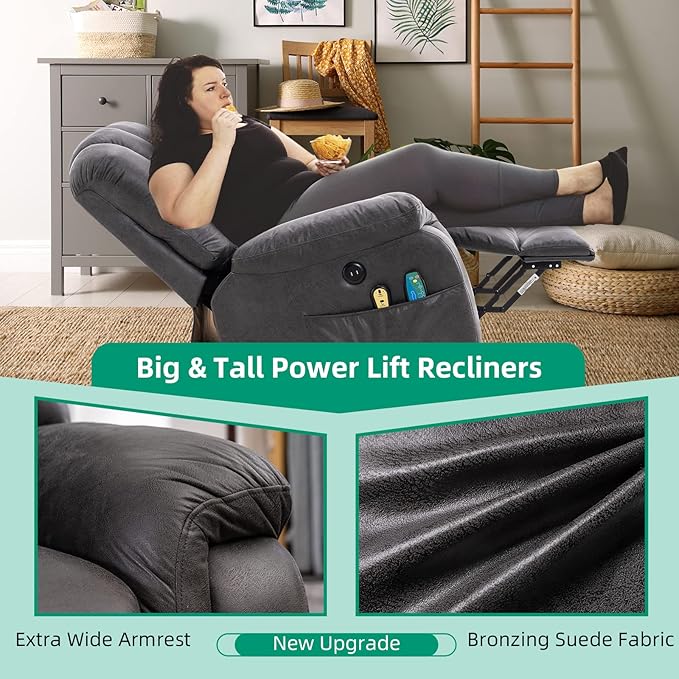 VIVIJASON Large Power Lift Chair Electric Recliner with Heat & Massage for Elderly Big People, Heavy Duty and Safety Motion Wide Recliners with 2 Remote Controls, Side Pockets & USB Ports, Gray