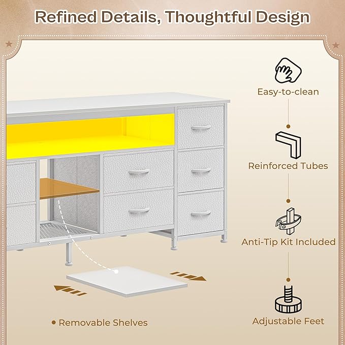 Huuger 63 Inch LED TV Stand Dresser with Power Outlets, USB-C Port and LED Lights, 10 Fabric Drawer Dresser for Bedroom, Long Entertainment Center for 65, 70 Inch TV, Open Shelves, PU Leather, White