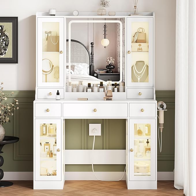 White Vanity Desk with Mirror and Lights, Makeup Vanity Table with Lighted Mirror, 5 Drawers & RGB Cabinet, Dressing Table Set with Charging Station for Girls Bedroom, 3 Lighting Modes