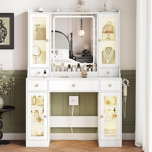 White Vanity Desk with Mirror and Lights, Makeup Vanity Table with Lighted Mirror, 5 Drawers & RGB Cabinet, Dressing Table Set with Charging Station for Girls Bedroom, 3 Lighting Modes