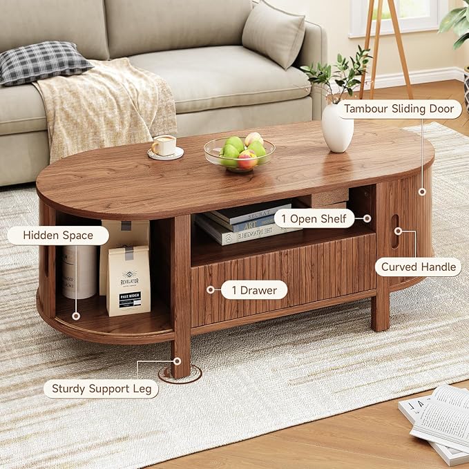47.2 Inch Oval Coffee Table with Storage, Mid Century Modern Coffee Table with Drawer, Center Table with Sliding Door and Wood Fluted Handle for Living Room, Walnut