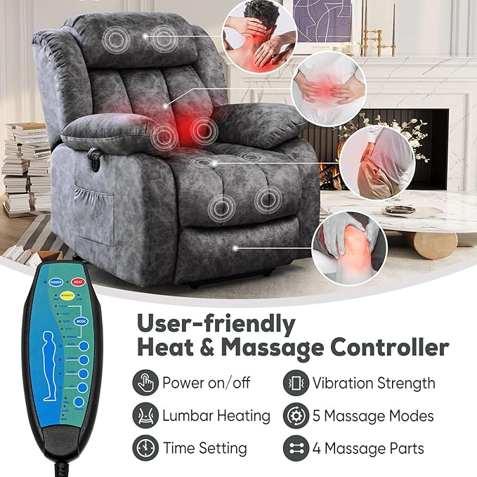 Power Lift Recliner Chair for Elderly with Heated and Massage, Adjustable Lift Chair Recliner, USB Port, Side Pocket, Plush Fabric, Grey