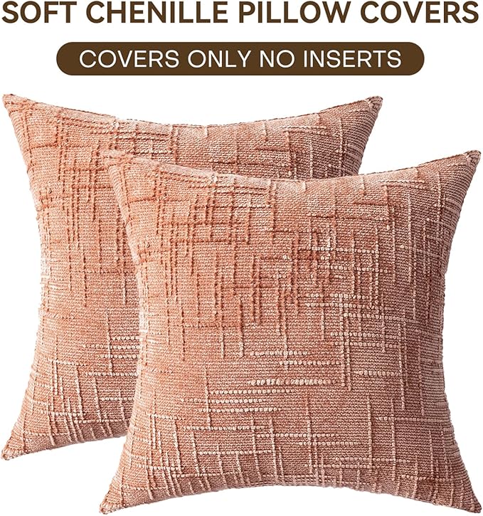 Decorative Throw Pillow Covers 20x20 Inch Set of 2, Soft Solid Farmhouse Chenille Couch Pillows, Spring Pillow Covers for Couch Sofa Bed Living Room Home Decor Pillowcase, Coral