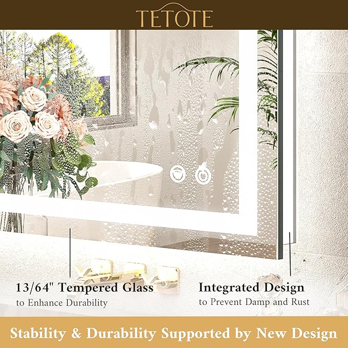 TETOTE 60 x 36 LED Lighted Bathroom Mirror with Lights Wall Mounted, Brighter Front and Backlit Light up Mirror, 3-Color Dimmable Lighted Anti Fog Mirror, Waterproof, Shatterproof Tempered Glass
