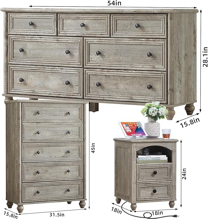 Farmhouse Dressers & Night Stand Set of 3, Wood 54" Wide Dresser & 45"Tall Chest of Drawers, 18" with Charging Station Nightstand, Bedroom Furniture 7 Drawer Dresser Set for Home Living Room Hallway