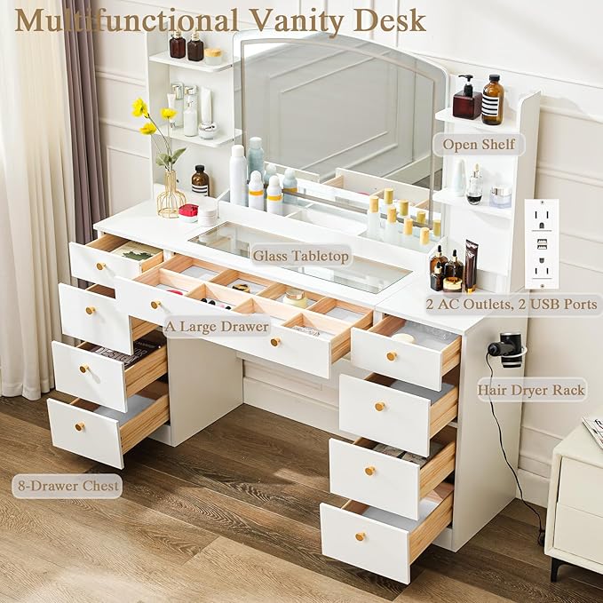 Makeup Vanity Desk with Mirror, Makeup Vanity with Power Outlet, 55" Large Vanity with 9 Drawers & Storage Shelves for Bedroom, White