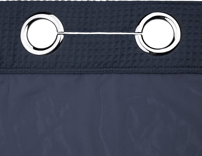 River Dream Navy Blue Fabric Shower Curtain Set, Cotton Blend, Waffle Weave, with Snap in Replacement Liner，71 x 86 inches