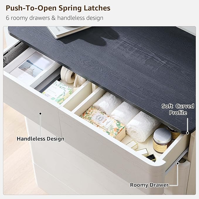 JXQTLINGMU 6 Drawer Dresser for Bedroom, 42" Tall Modern Push-to-Open Chest of Drawers, Wood Storage Organizer w/Curved Profile & Handleless Design for Bedroom, Living Room, Off White
