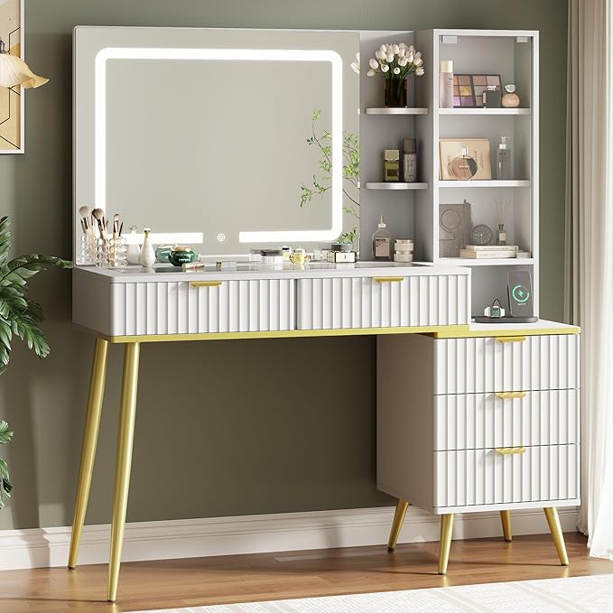Vanity Desk with Mirror and Lights, Fluted Makeup Vanity with Glass top, 48" Big Modern Vanity with 5 Drawers & Glass Cabinet, White Vanity with 3 Lighting Modes for Bedroom