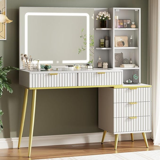 Vanity Desk with Mirror and Lights, Fluted Makeup Vanity with Glass top, 48" Big Modern Vanity with 5 Drawers & Glass Cabinet, White Vanity with 3 Lighting Modes for Bedroom