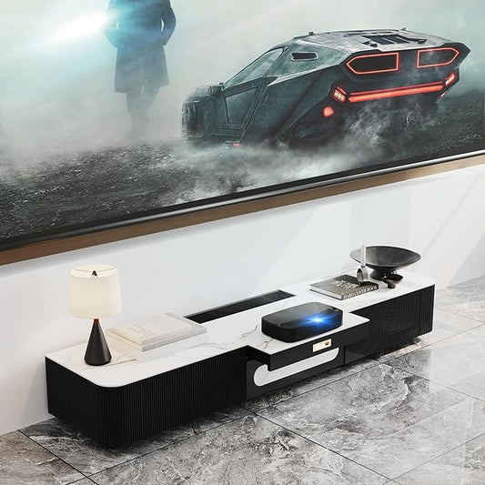 POVISON Fully-Assembled Modern TV Stand for Projector, Sintered Stone Entertainment Center with Storage for 65 inch TV, Wood TV Console, Media Console for Living Room Bedroom